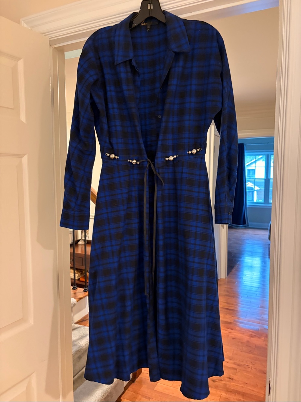 Maje Blue and Black Plaid Long-Sleeve Shirt Dress with Pearl-Accent Waist